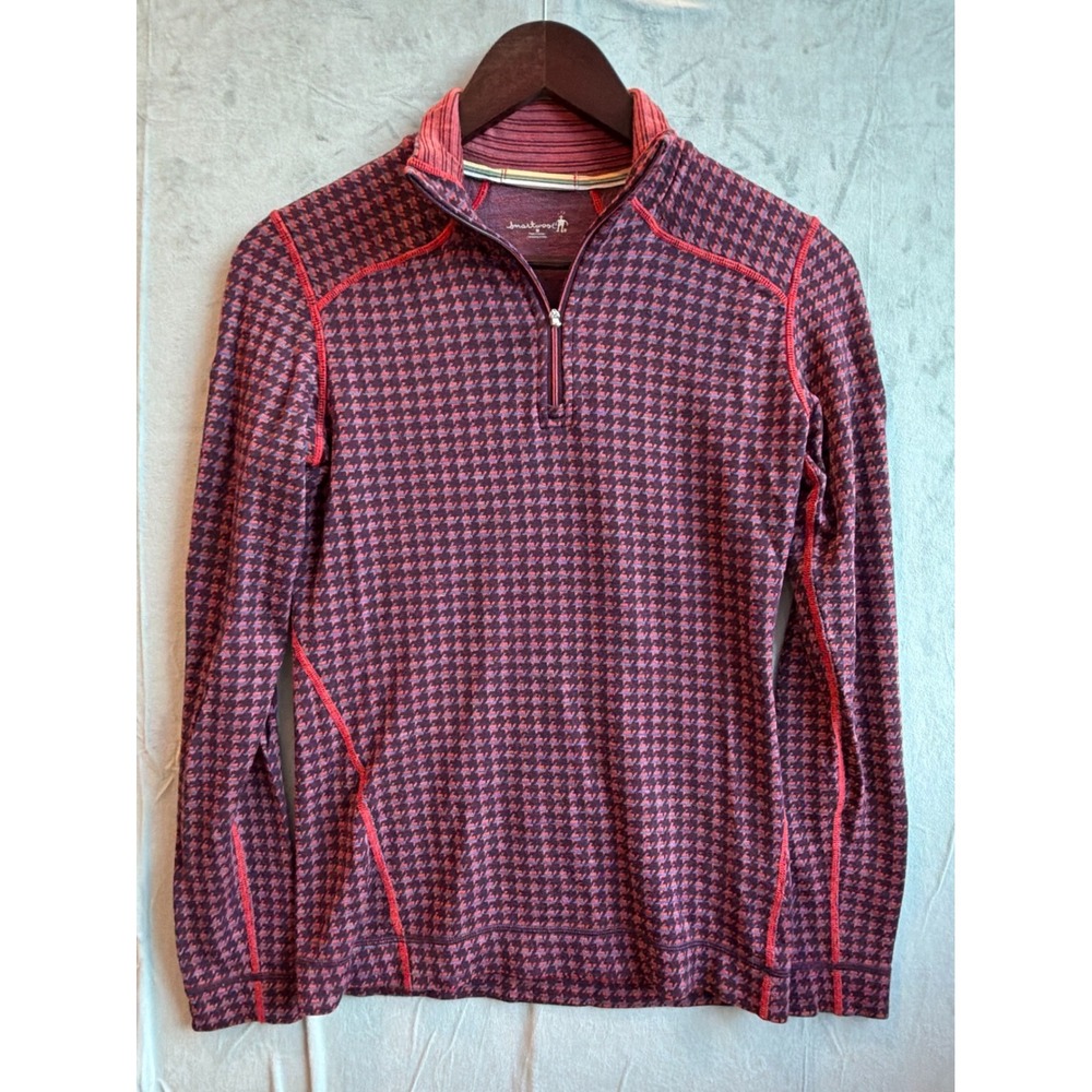 Smartwool Mid 250 Quarter Zip Women M Purple Houndstooth Merino Wool Gorpcore